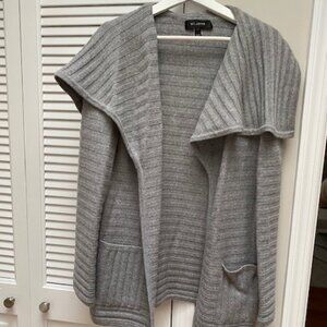 St John Cashmere Gray Rib Open-Front Cardigan Sweater Pockets Size L